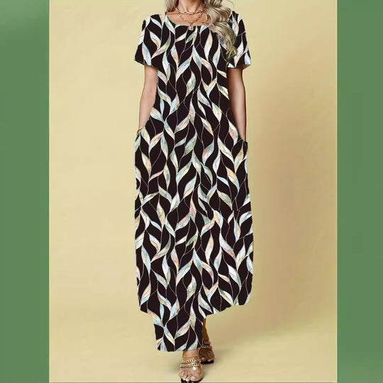 Damen Maxikleid mit elegantem Blattmuster und praktischen Taschen R&B