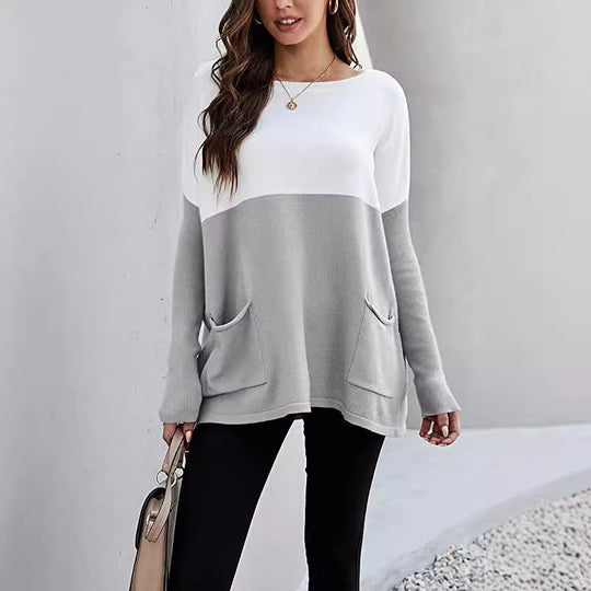 Damen Strickpullover mit großen Fronttaschen und kontrastiertem Design R&B