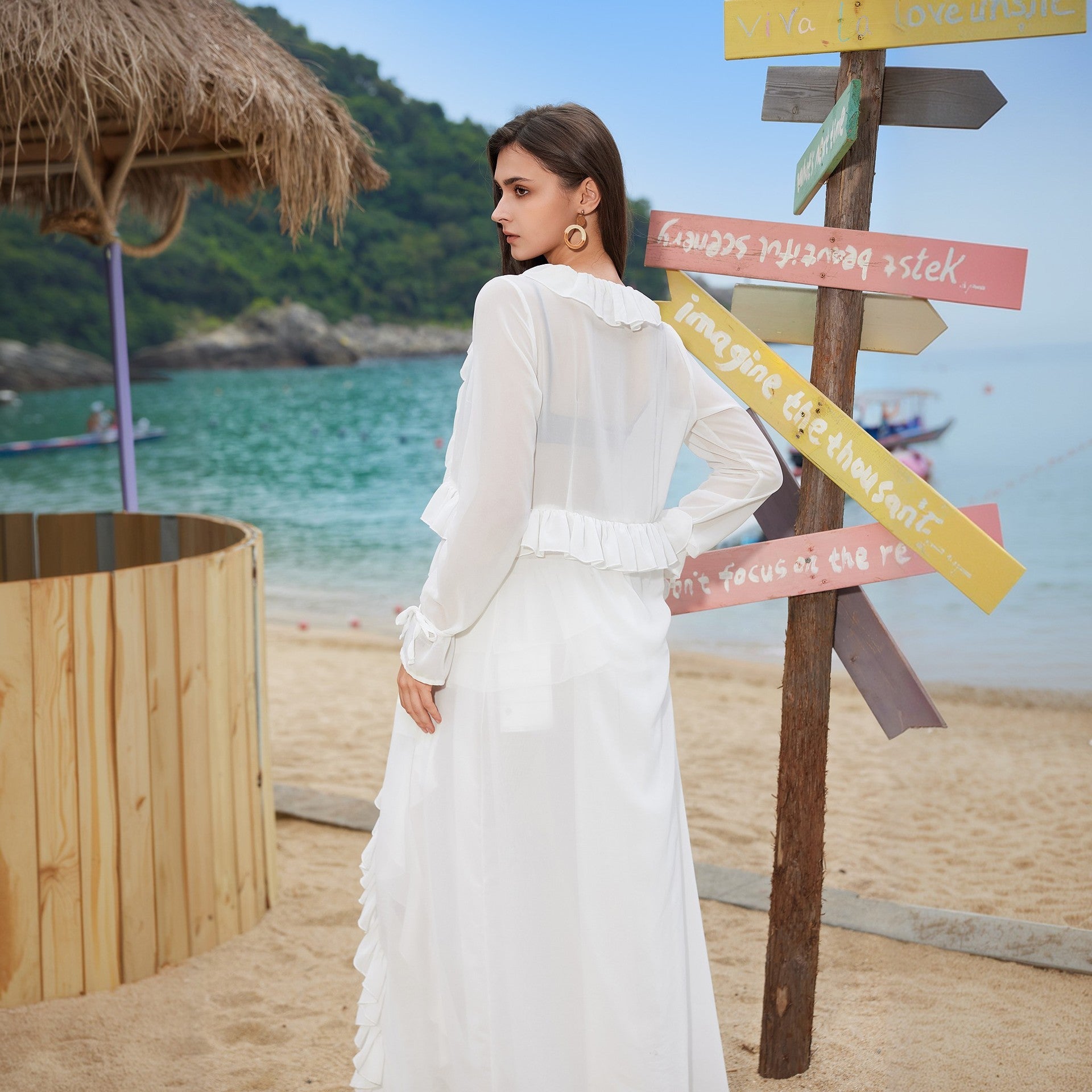 Damen elegantes transparentes Strandkleid mit Rüschen R&B