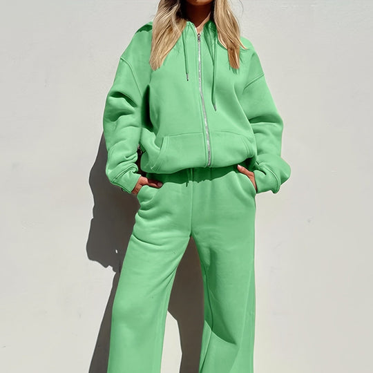 Damen bequemer und stilvoller Loungewear-Anzug mit zipbarem Hoodie und weitem Bein R&B