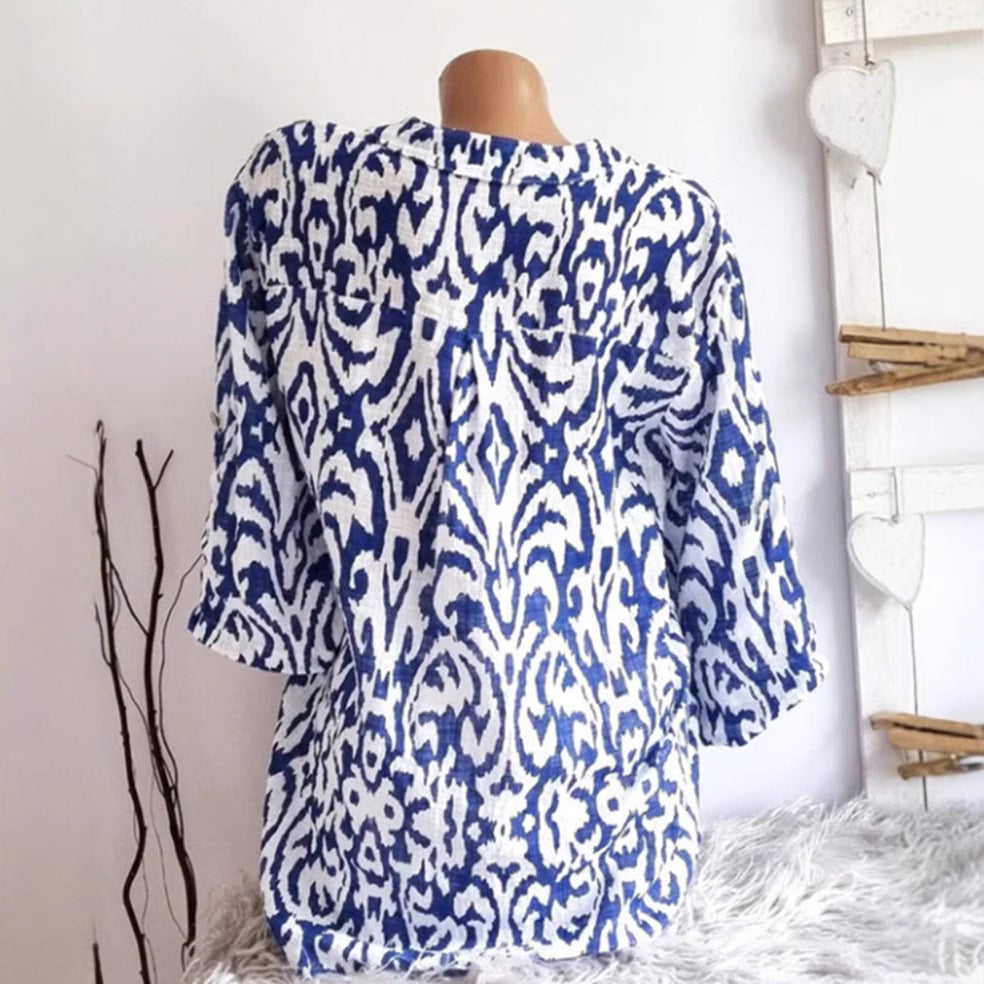 Damen nan locker geschnittene Tunika-Bluse mit Ikat‑Muster, V‑Ausschnitt und Dreiviertelärmeln R&B