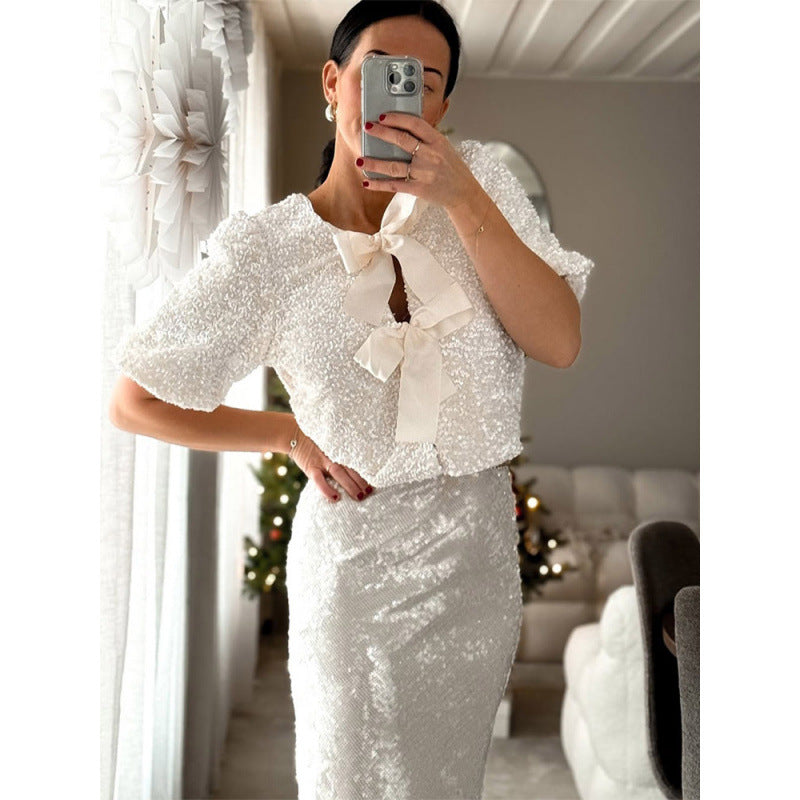 Damen Paillettenbluse mit Schleifendetails R&B