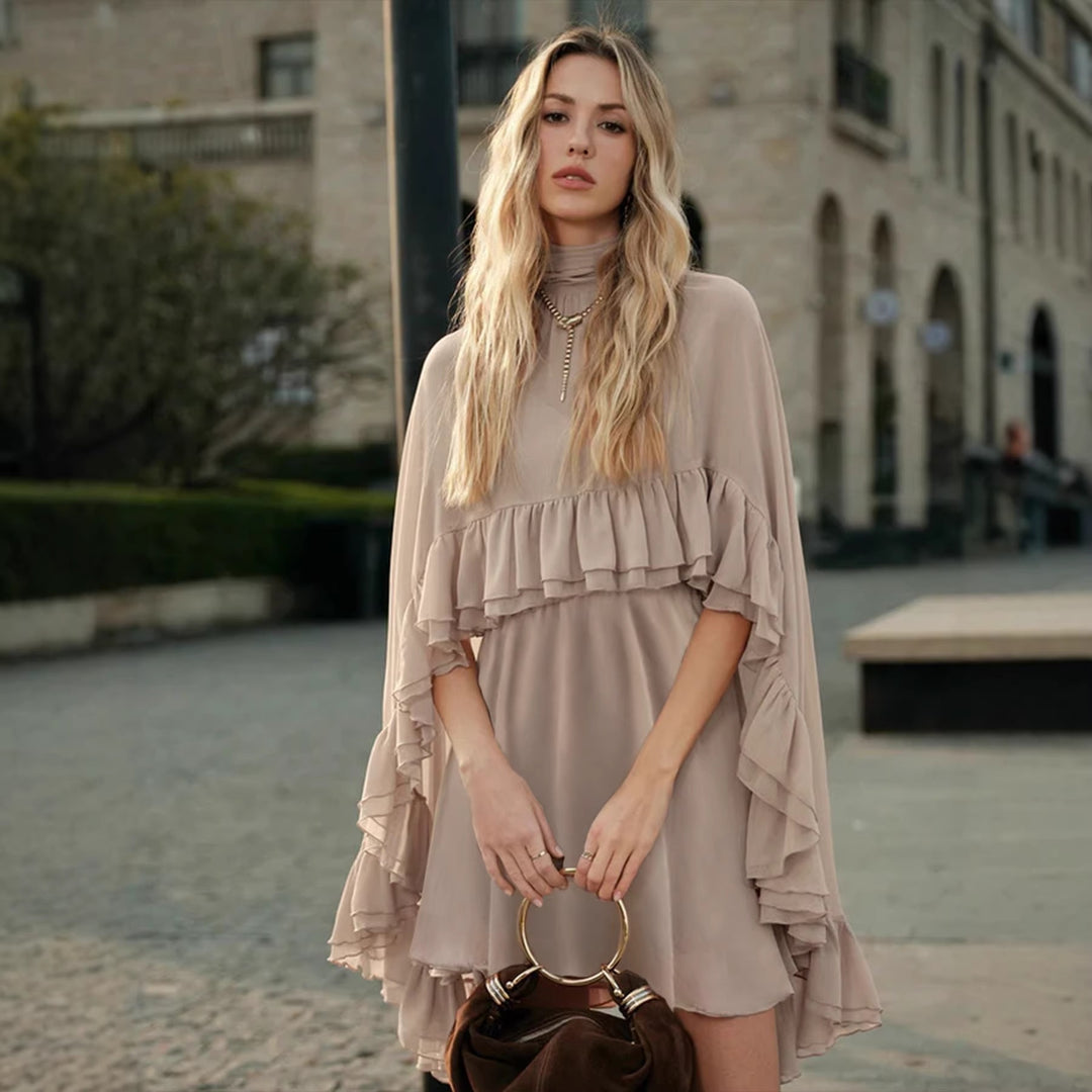 Damen Elegantes Rüschendress mit hochgeschlossenem Ausschnitt und fließendem Schnitt R&B