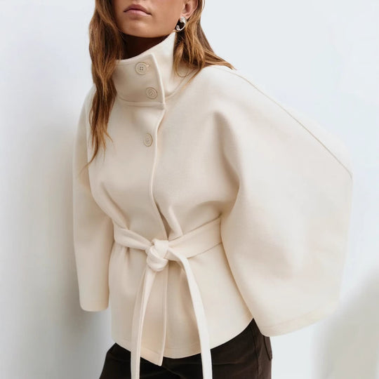 Damen Überwurfjacke mit hohem Kragen und taillierter Bindegürtel R&B