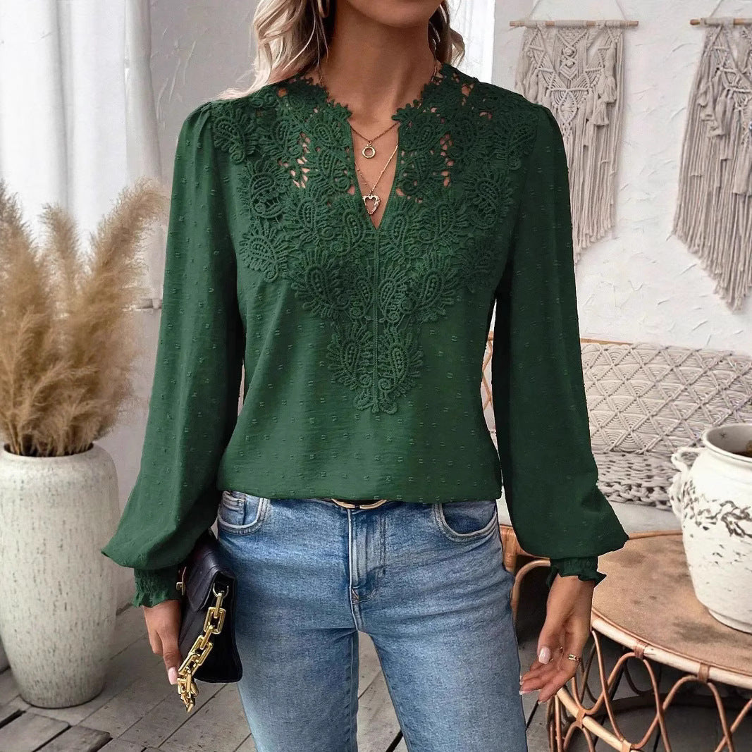 Damen nan Spitzenapplikation V-Ausschnitt Bluse mit Strukturpunkt, gerafften Manschetten und leicht taillierter Silhouette R&B