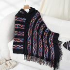 Damen Strickponcho mit Kapuze und fransigem Design