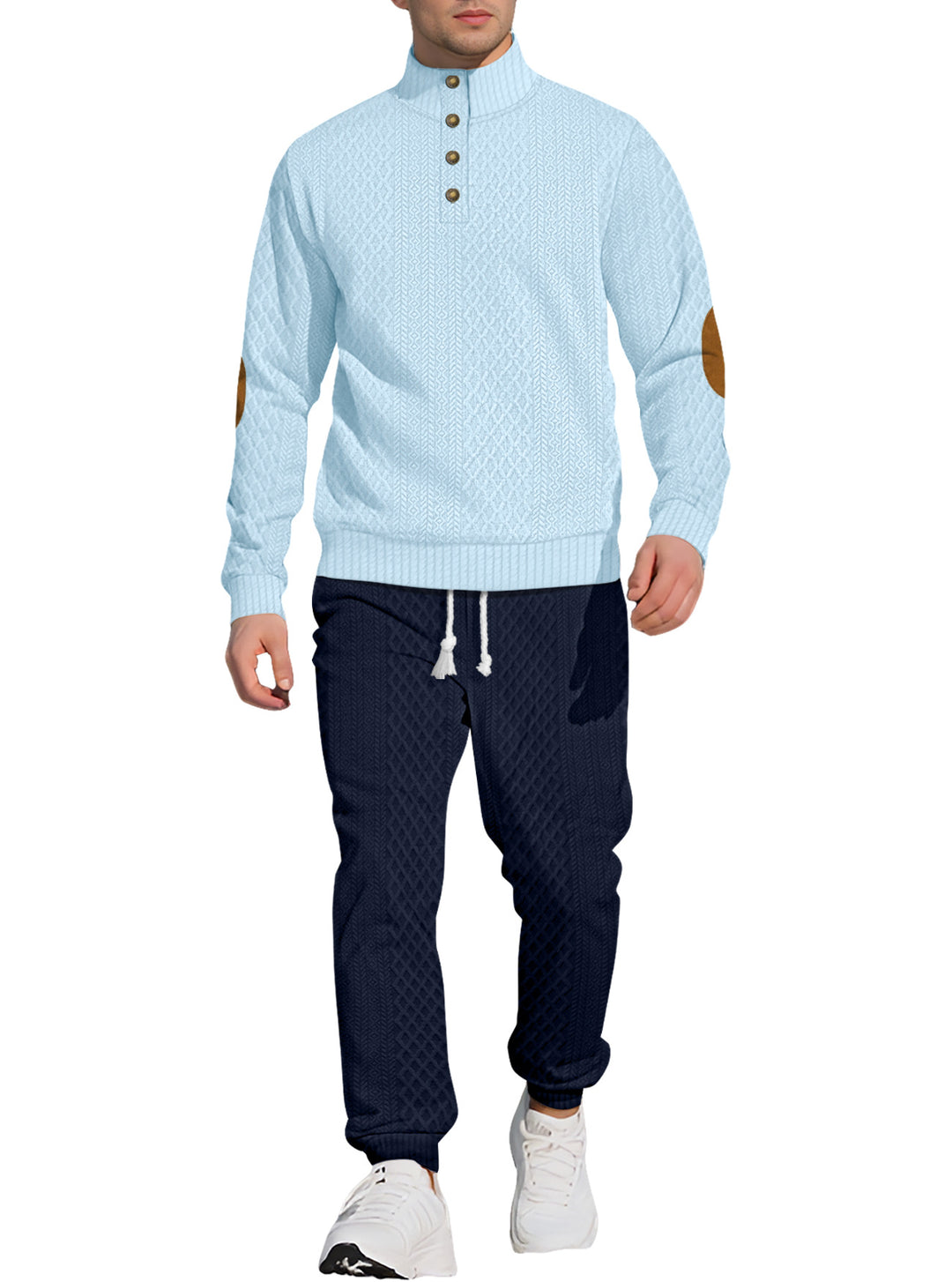 Herren nan strukturiertes Strick-Freizeitset mit Halbknopf-Stehkragen Wildleder-Ellbogenpatches und Kordelbund-Jogger R&B