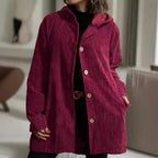 Damen Wohlfühljacke aus Cord mit Kapuze und großen Knöpfen