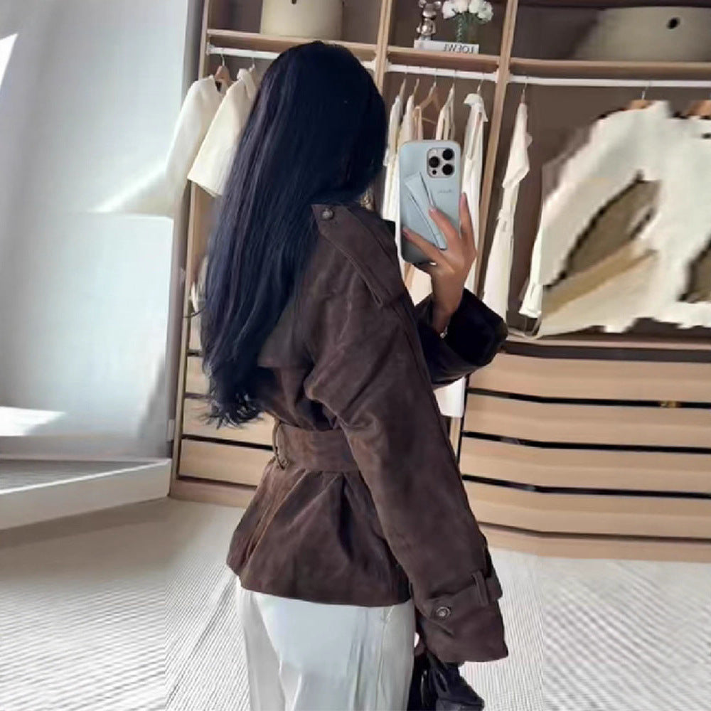 Damen Kunstlederjacke mit modischem Wickeldesign und breiten Ärmeln R&B