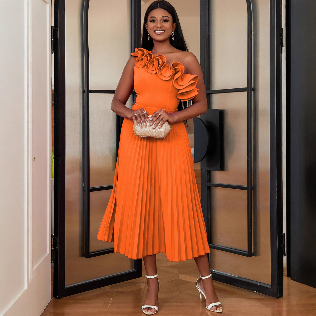 Damen Elegantes Midi-Kleid mit asymmetrischem Rüschen-Ausschnitt R&B