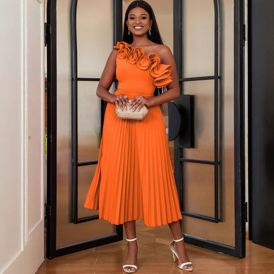 Damen Elegantes Midi-Kleid mit asymmetrischem Rüschen-Ausschnitt R&B