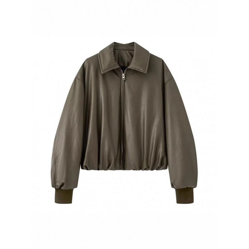 Damen lässige Boxy-Jacke aus weichem Kunstleder mit elastischem Bund R&B
