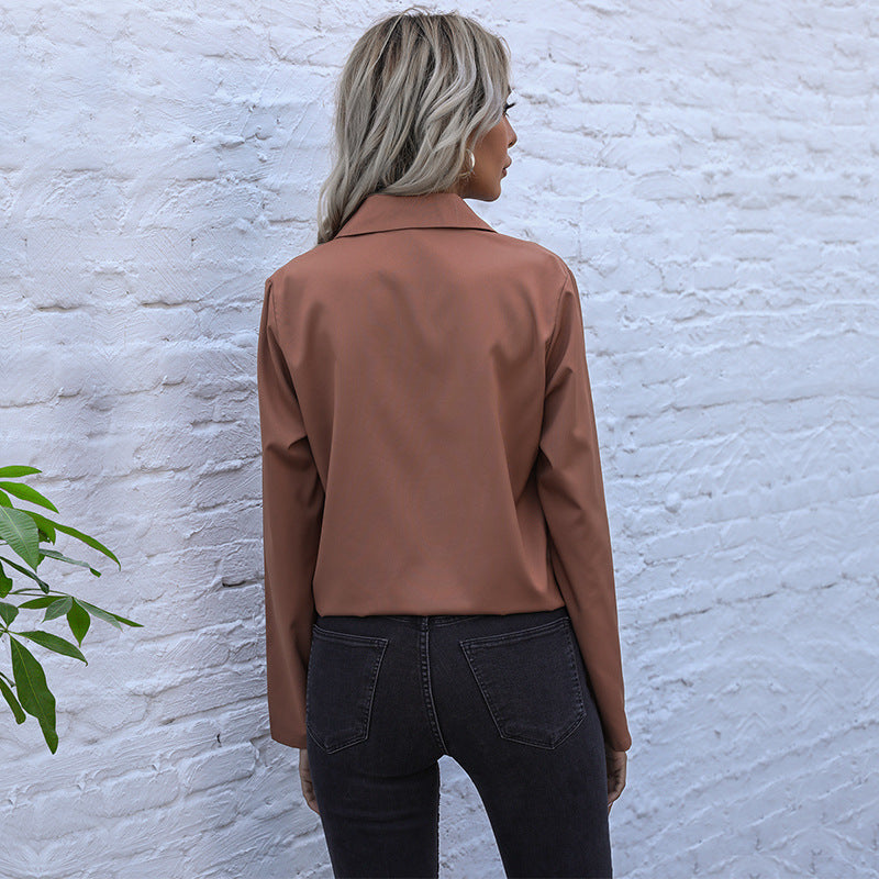 Damen Elegante Bluse mit Krawattenverschluss und Brusttaschen R&B