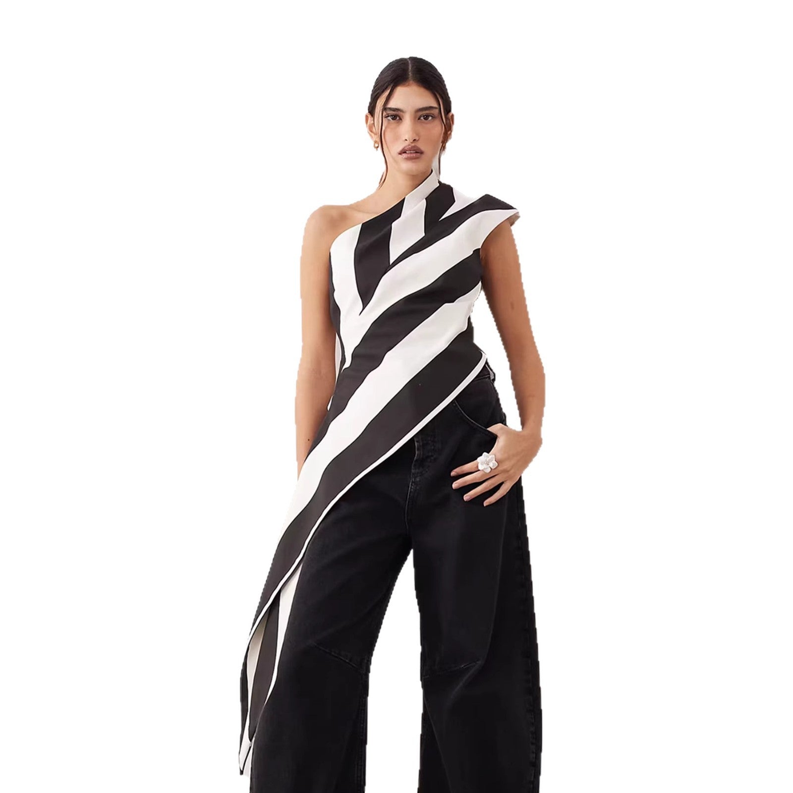 Damen asymmetrisches Wickeloberteil mit Streifenmuster R&B