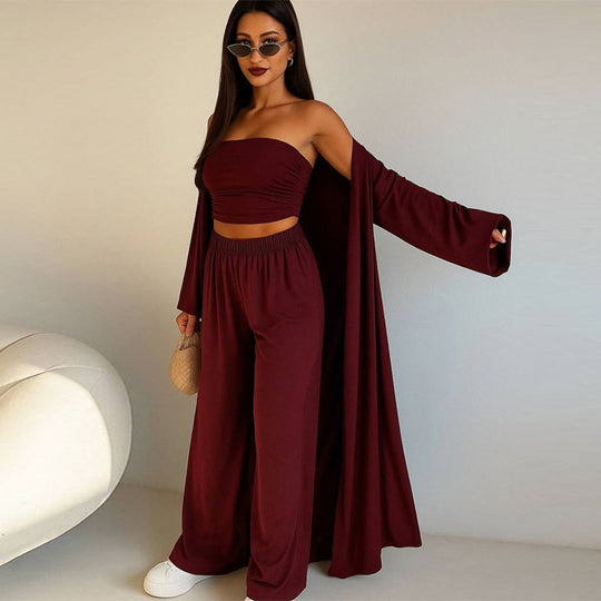 Damen elegantes 3-teiliges Set mit weitem Hosen und tailliertem Oberteil R&B