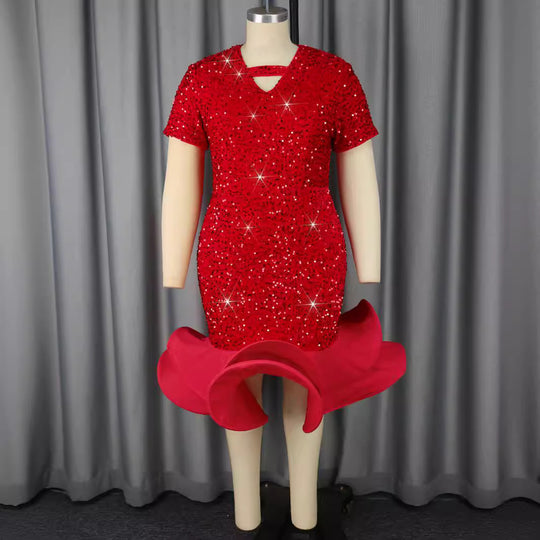 Damen glamouröses Abendkleid mit schimmernden Pailletten und voluminösem Saum R&B