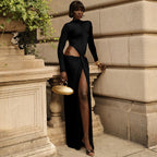 Damen Elegantes langärmliges Maxikleid mit raffiniertem Knotendesign und seitlichen Cut-Outs R&B