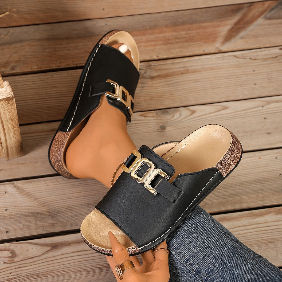 Damen elegante Clogs mit modischer Schnallenapplikation und anatomischem Fußbett R&B