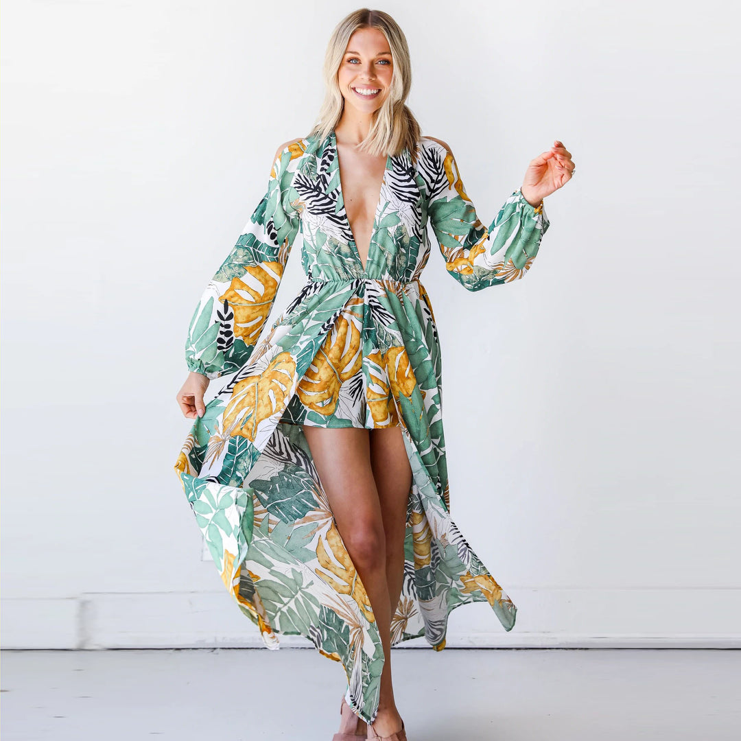 Damen Maxi-Kaftan mit floralem Muster und tiefem Ausschnitt R&B