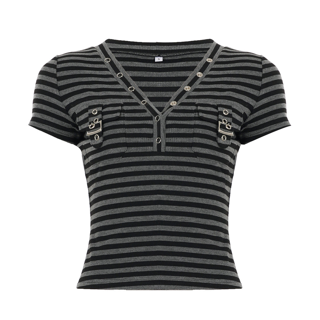 Damen Kurzarm Shirt mit dekorativem V-Ausschnitt und praktischem Taschen-Design R&B