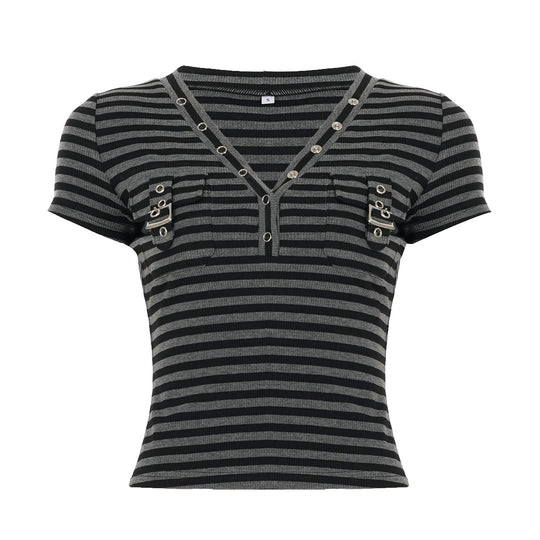 Damen Kurzarm Shirt mit dekorativem V-Ausschnitt und praktischem Taschen-Design R&B