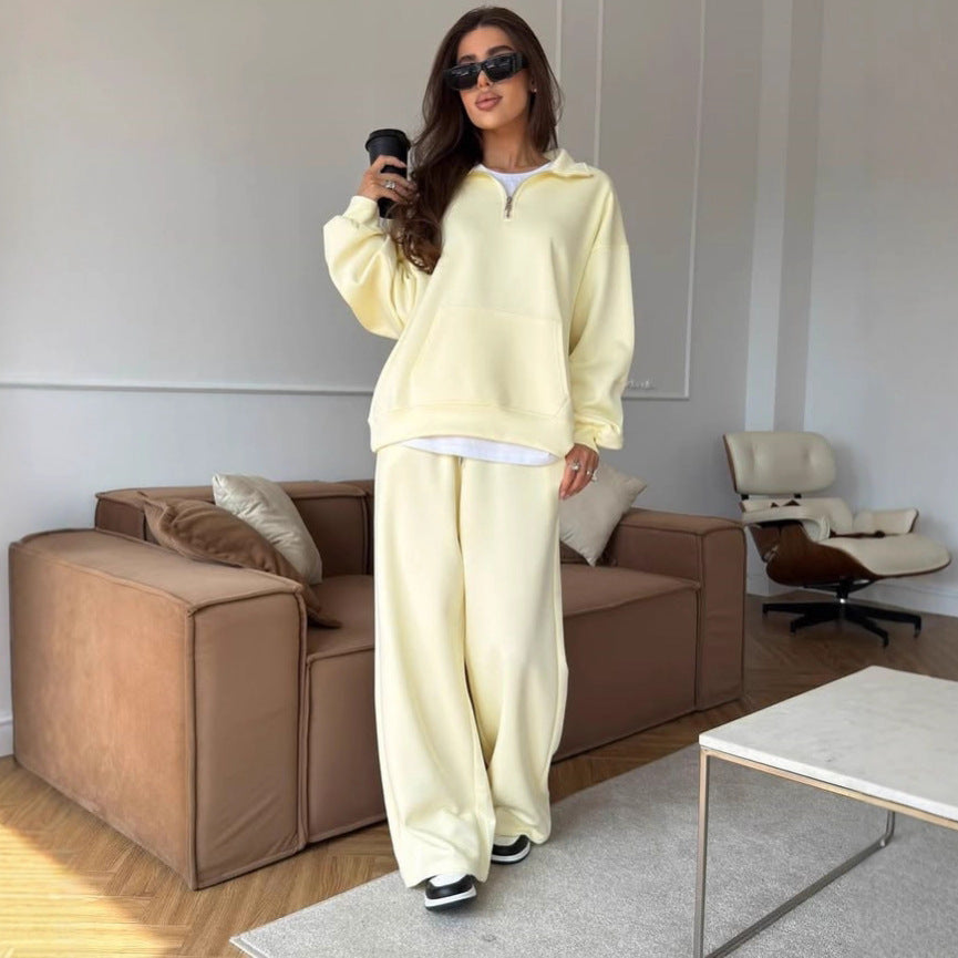 Damen lässiges Fleece-Set mit hochgeschlossenem Reißverschluss und weiten Beinen R&B