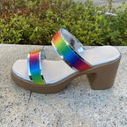 Damen Plateau-Sandalen mit regenbogenfarbenem Glanz und bequemem Absatz R&B