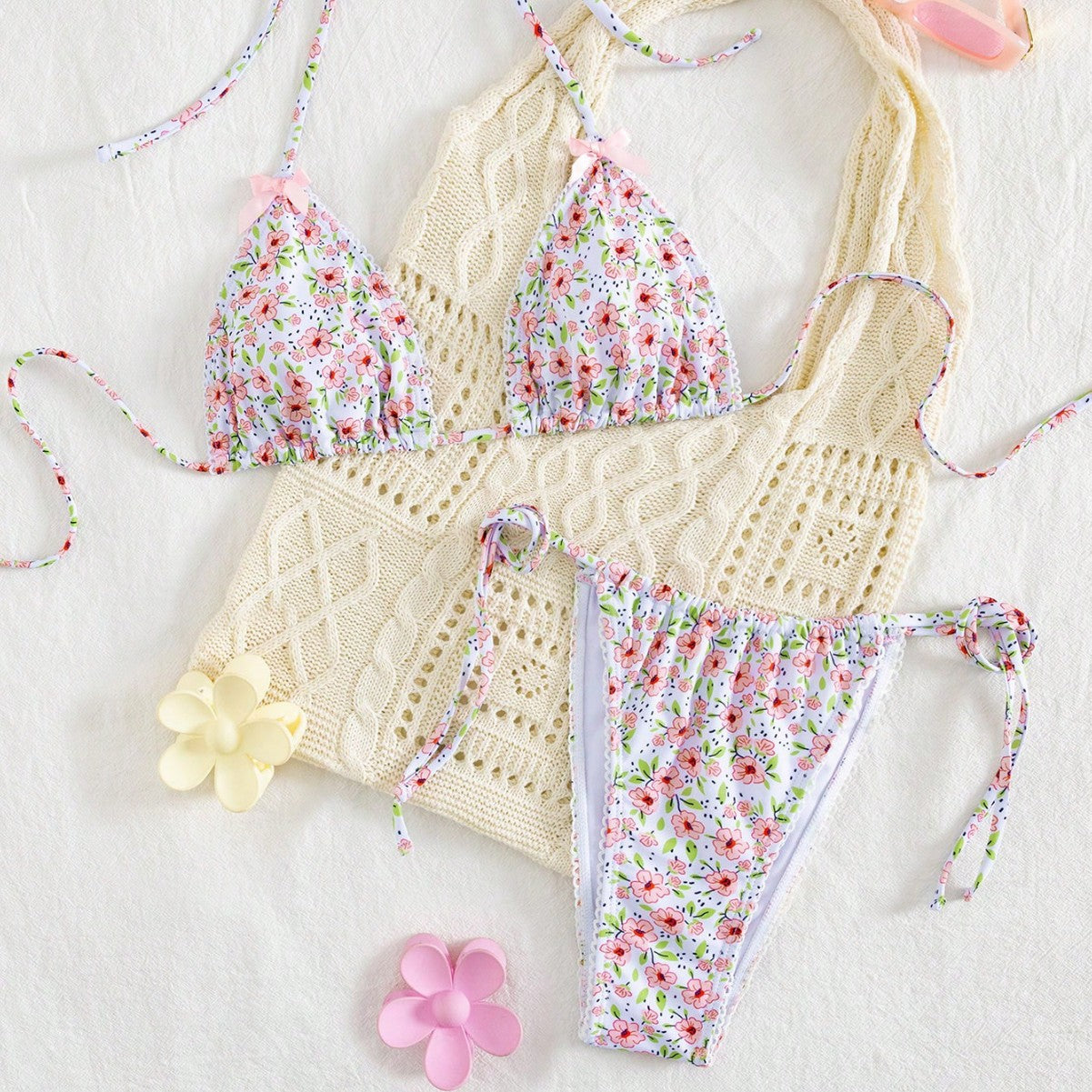 Damen Triangel-Bikini mit floralem Muster und vielseitigem Höschen