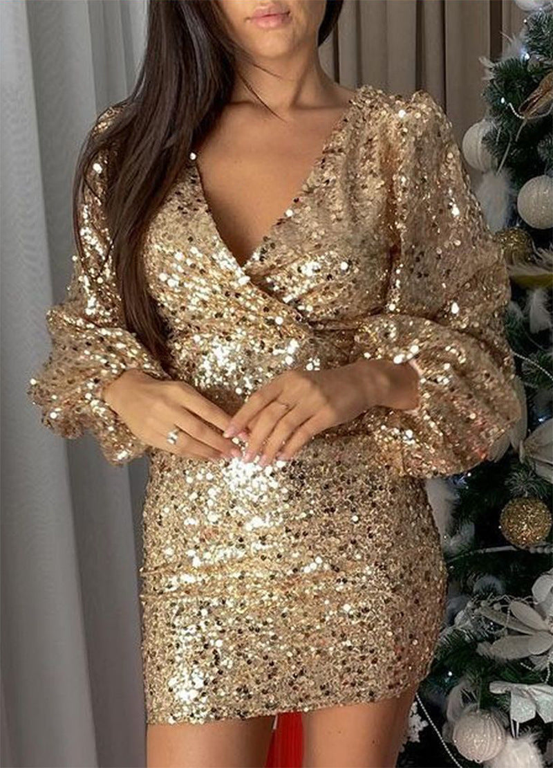 Damen Pailletten Kleid mit V-Ausschnitt und Puffärmeln R&B