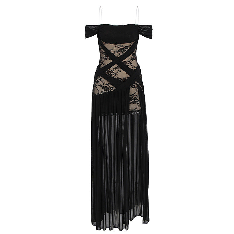 Damen Elegantes Spitzenkleid mit tiefem Schlitz und trägerlosem Schnitt R&B