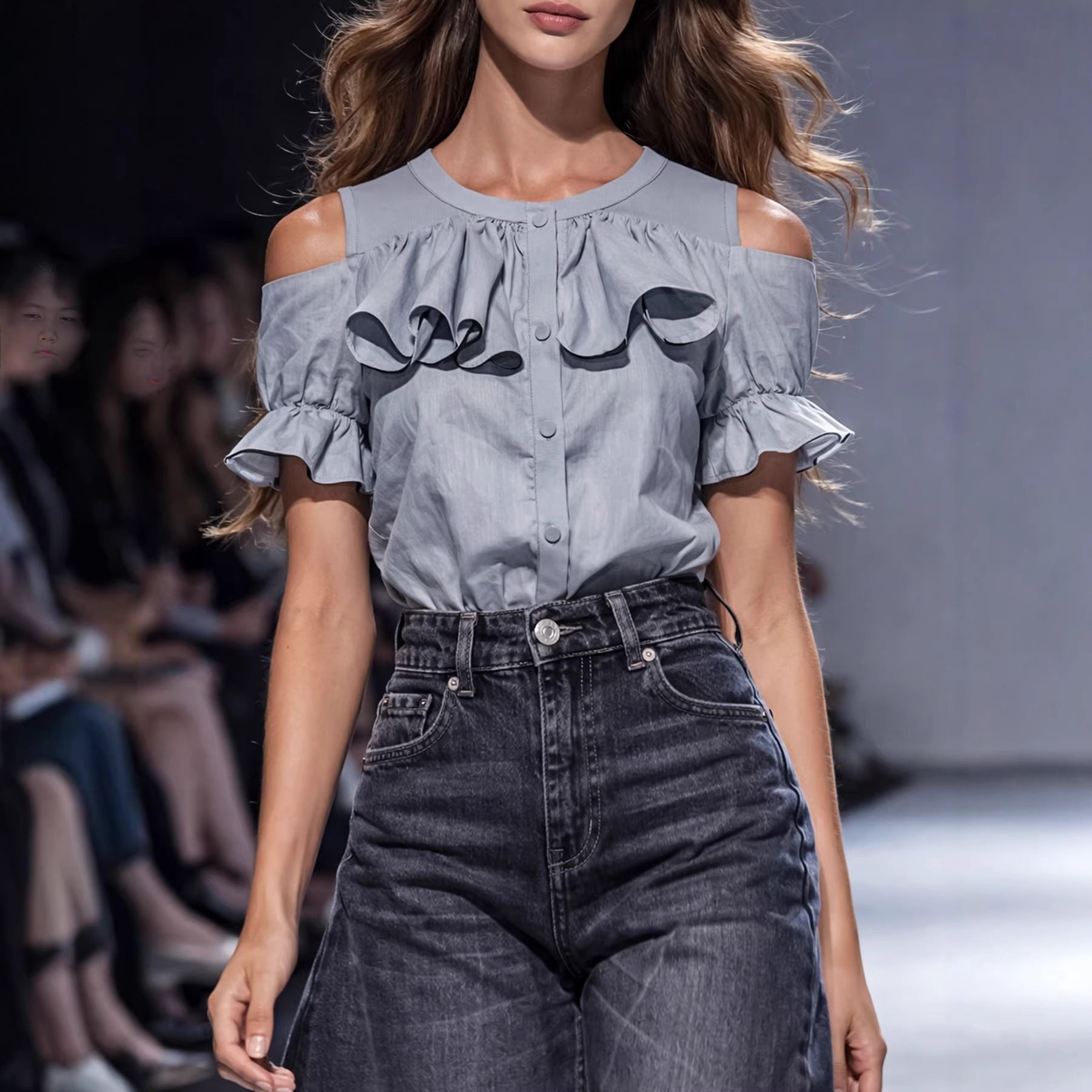 Damen Blusen mit ausgeschnittenen Schultern und Rüschendetails R&B
