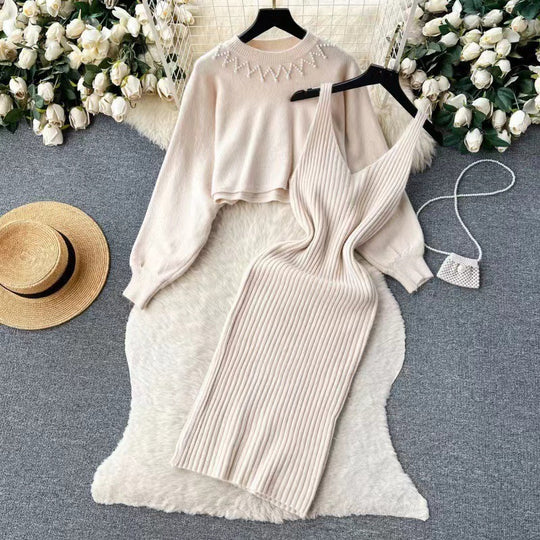 Damen Elegantes Strickkleid mit raffinierter Ribstruktur und stylischem Crop-Pullover R&B