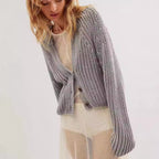 Damen lässige Strickjacke mit dekorativem Knopfverschluss und voluminösen Ärmeln R&B