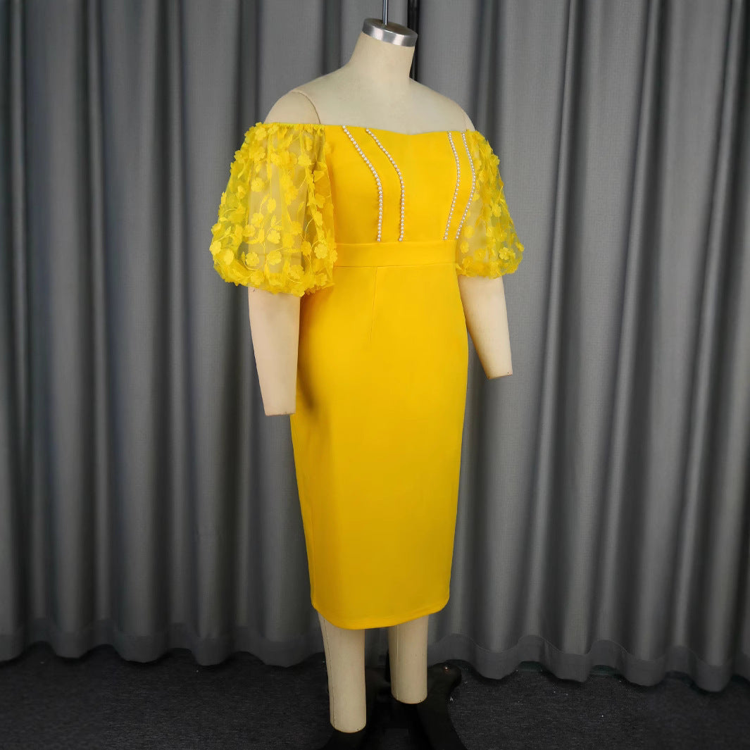Damen figurbetontes Kleid mit verzierten Puffärmeln und Perlenakzenten R&B