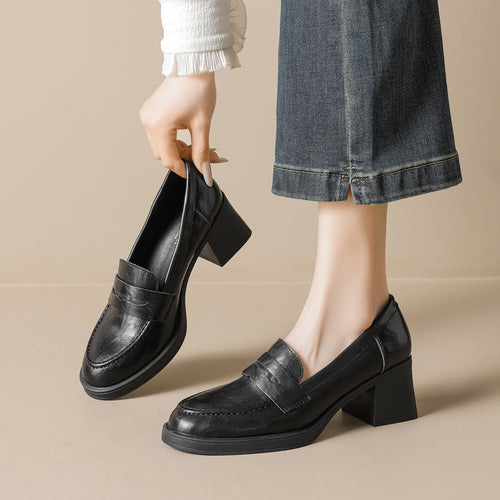Damen Leder Slip-On-Pumps mit modischem Blockabsatz R&B