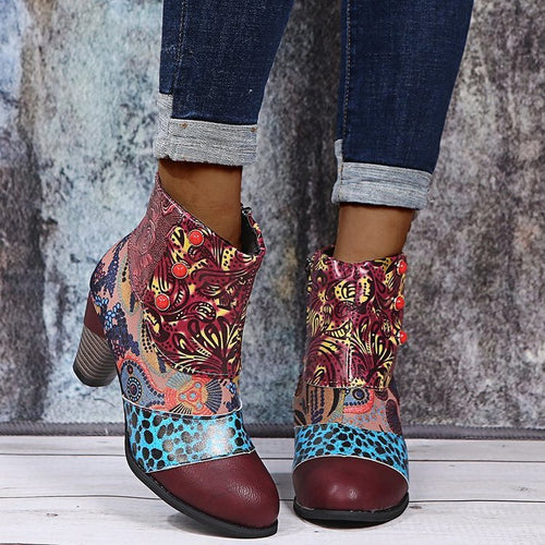 Damen Elegante Stiefeletten mit floralen Mustern und dekorativen Knöpfen R&B