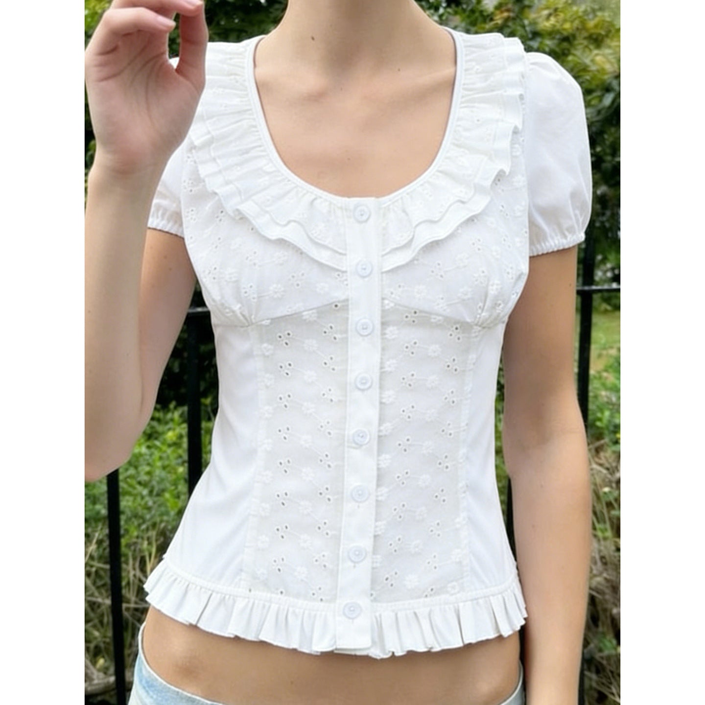 Damen Rüschenshirt mit floralem Design und voluminösen Ärmeln R&B