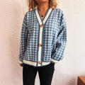 Damen lässiger Strickcardigan mit modischem Hahnentritt-Muster und Holzknöpfen R&B