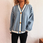 Damen lässiger Strickcardigan mit modischem Hahnentritt-Muster und Holzknöpfen R&B
