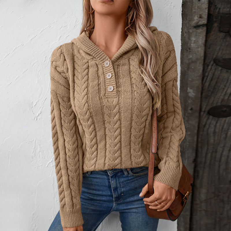 Damen Strickpulli mit Kapuze und Zopfmuster
