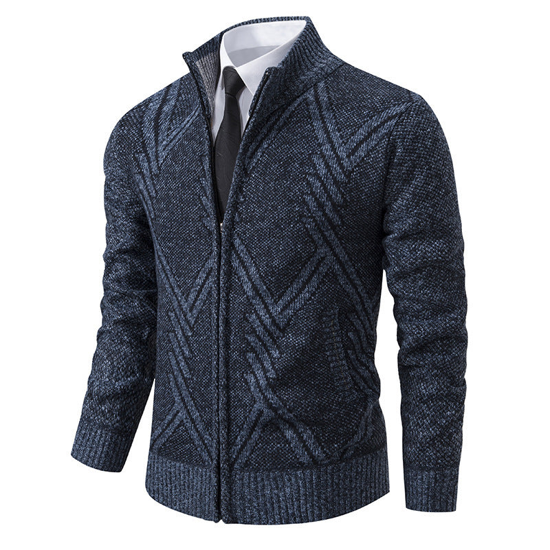 Herren elegante Strickjacke mit strukturiertem Zopfmuster und hochschließendem Kragen R&B
