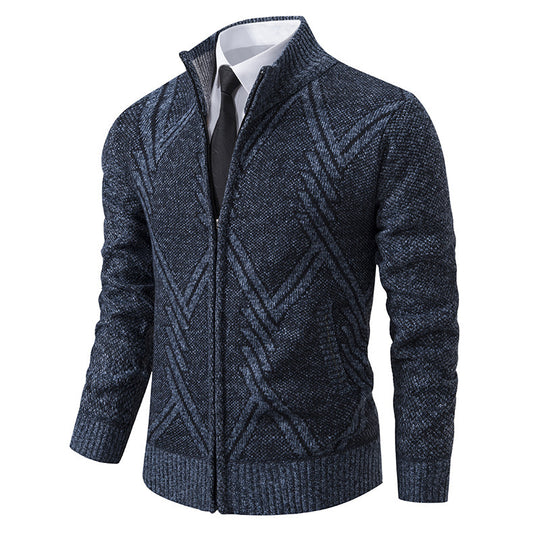 Herren elegante Strickjacke mit strukturiertem Zopfmuster und hochschließendem Kragen R&B