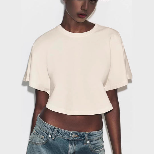 Damen cropped T-Shirt mit weit geschnittenen Ärmeln und weichem Baumwollmaterial R&B