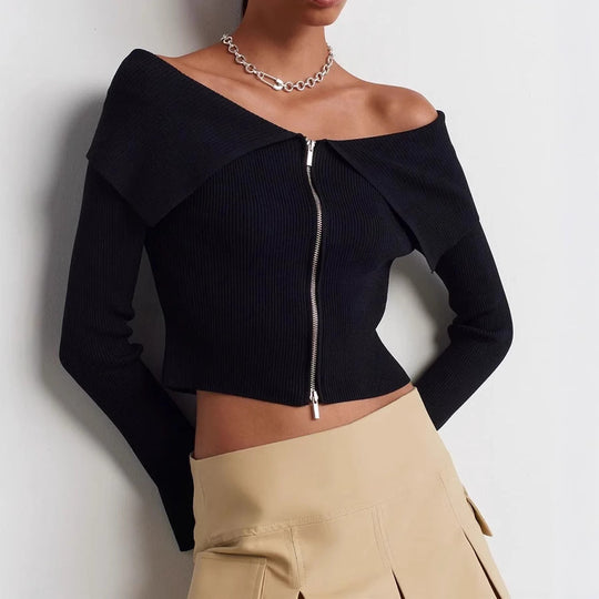 Damen cropped Oberteil mit weitem Ausschnitt und Reißverschluss R&B
