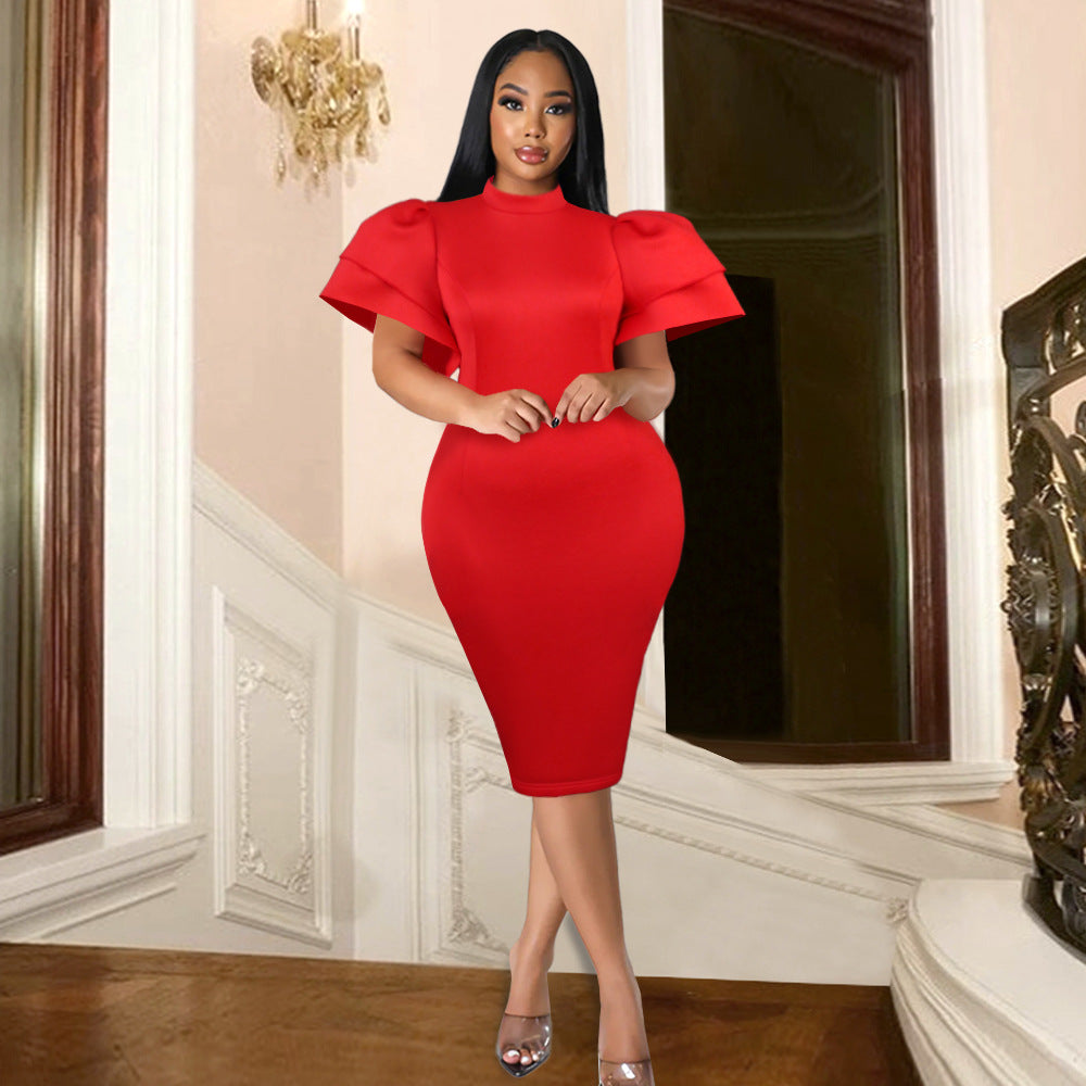 Damen figurbetontes Kleid mit voluminösen Rüschenärmeln R&B 1778623062