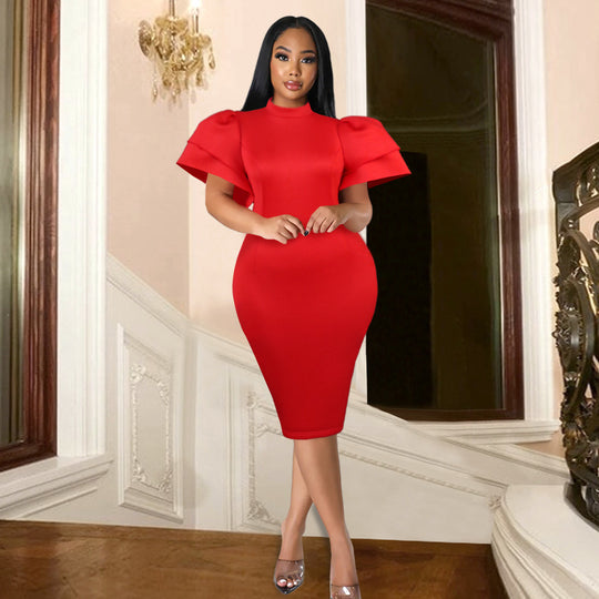 Damen figurbetontes Kleid mit voluminösen Rüschenärmeln R&B 1778623062