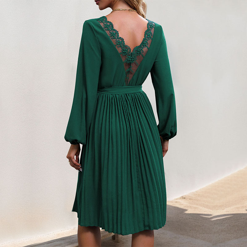 Damen Plissiertes Wickelkleid mit Taillengürtel und langen Ärmeln R&B