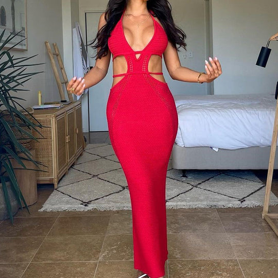 Damen Häkel-Maxikleid mit Cut-Outs und Neckholder R&B
