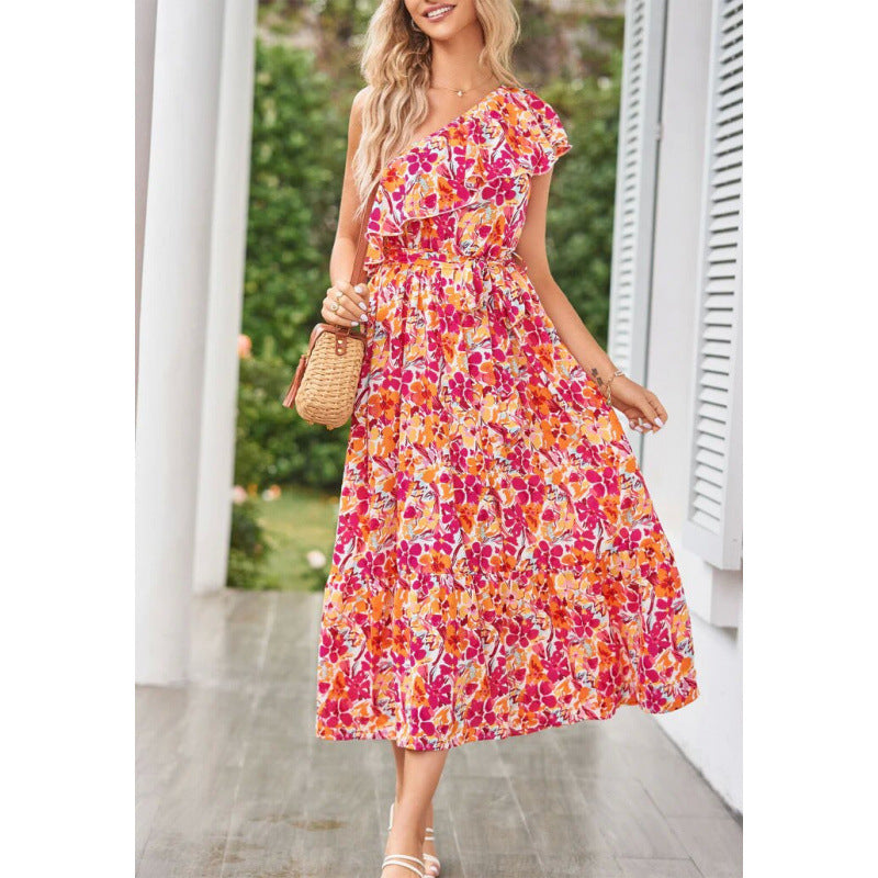 Damen Maxikleid mit asymmetrischem Schnitt und floralem Volantdesign R&B