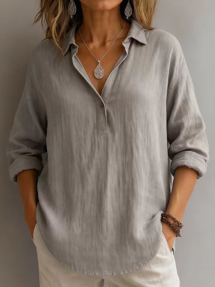 Damen lässige Bluse mit V-Ausschnitt und geknöpftem Kragen R&B